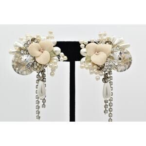 Nicole Mintzes Vintage Clip On Flowe Earrings Crystal Bridal Signed 1980s BinAK